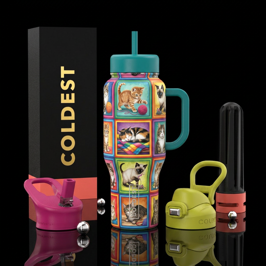 Realistic cats squares up and down the bottle each... water bottle design