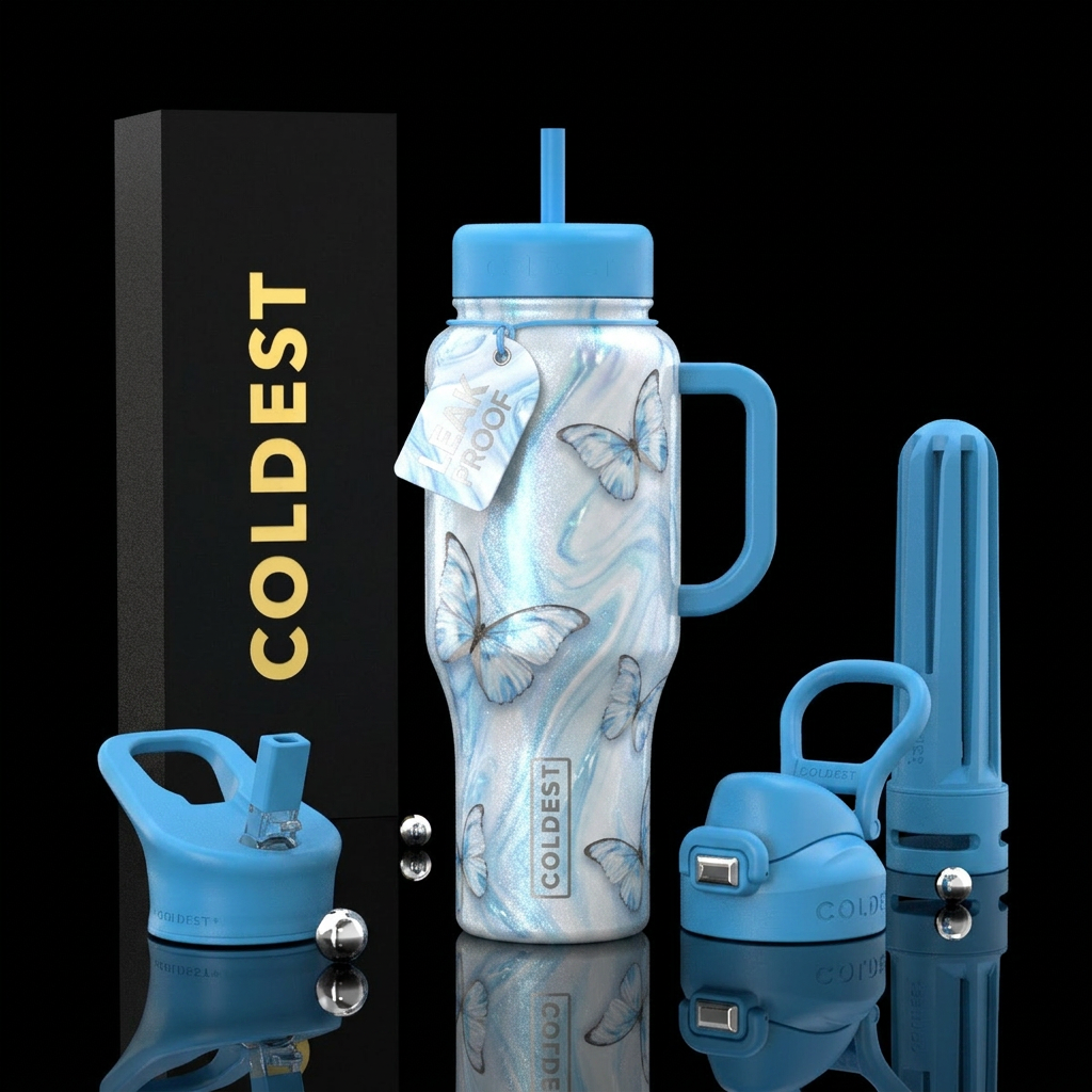White glimmery white and light blue marble West ma... water bottle design