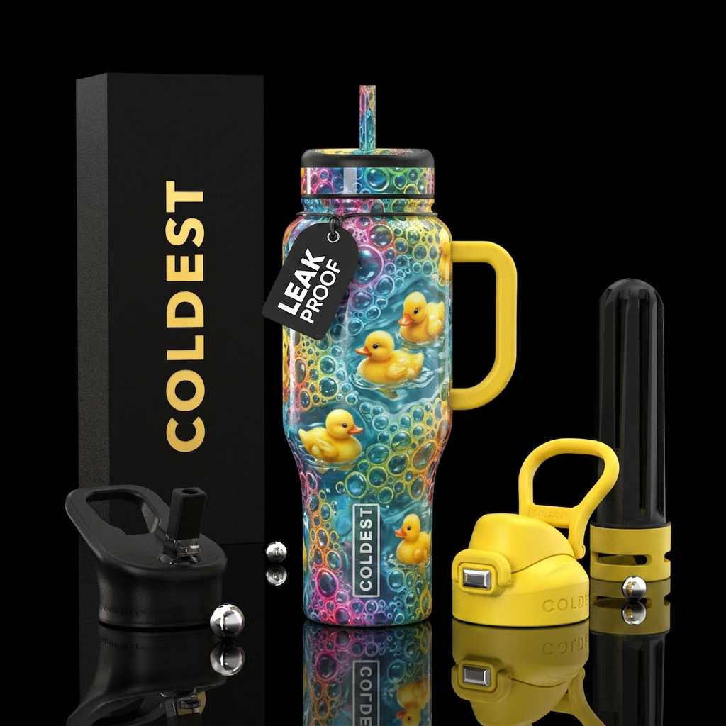 Bubbles & realistic duckies water bottle design