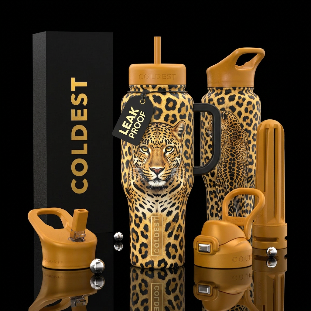 Leopard skin print bottle with a leopard on the fr... water bottle design