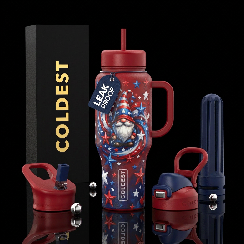 A Gnome & stars, Red , white & blue water bottle design