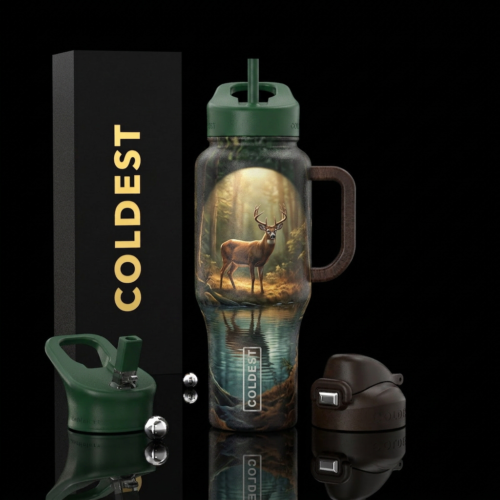 A drome spotlight a deer by the water, beautiful water bottle design