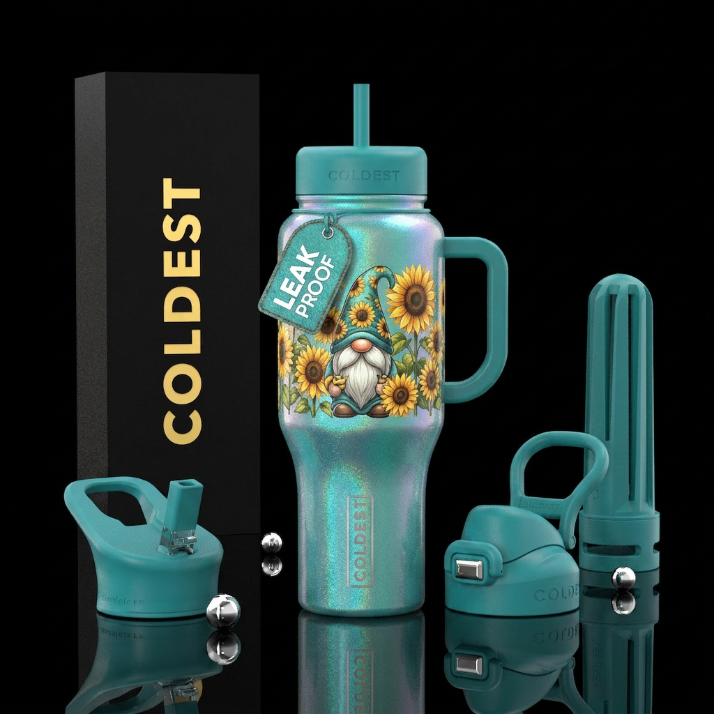 Sunflowers and 1 gnomes guy where they teal shimme... water bottle design