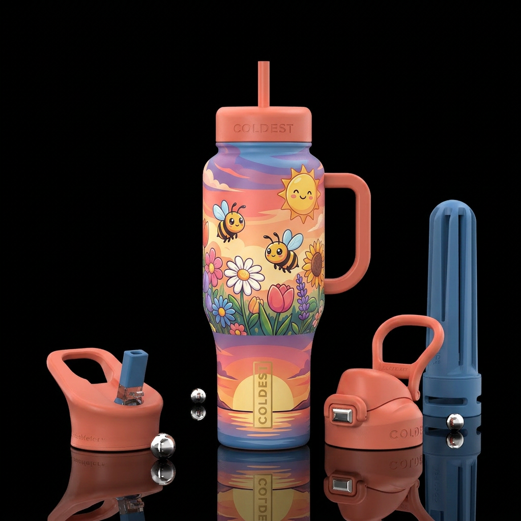 Toon bees and flowers sunset beautiful water bottle design