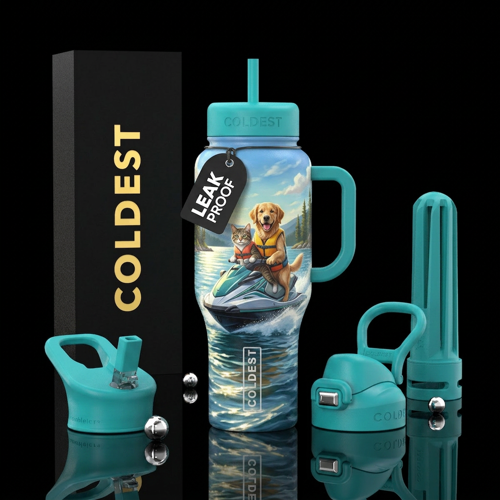 A dog and a cat on a jet ski in the lake water bottle design