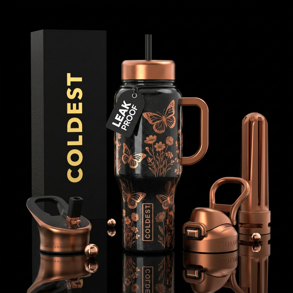 Black shimmery bottle, Copper colored butterflies ... water bottle design