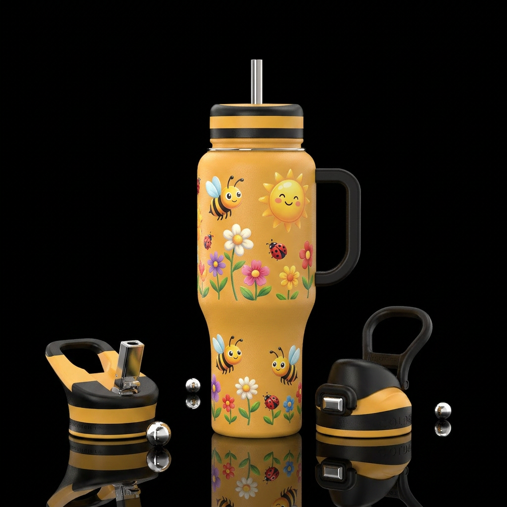 Bee colored bottle with toon bees, flowers & lady ... water bottle design