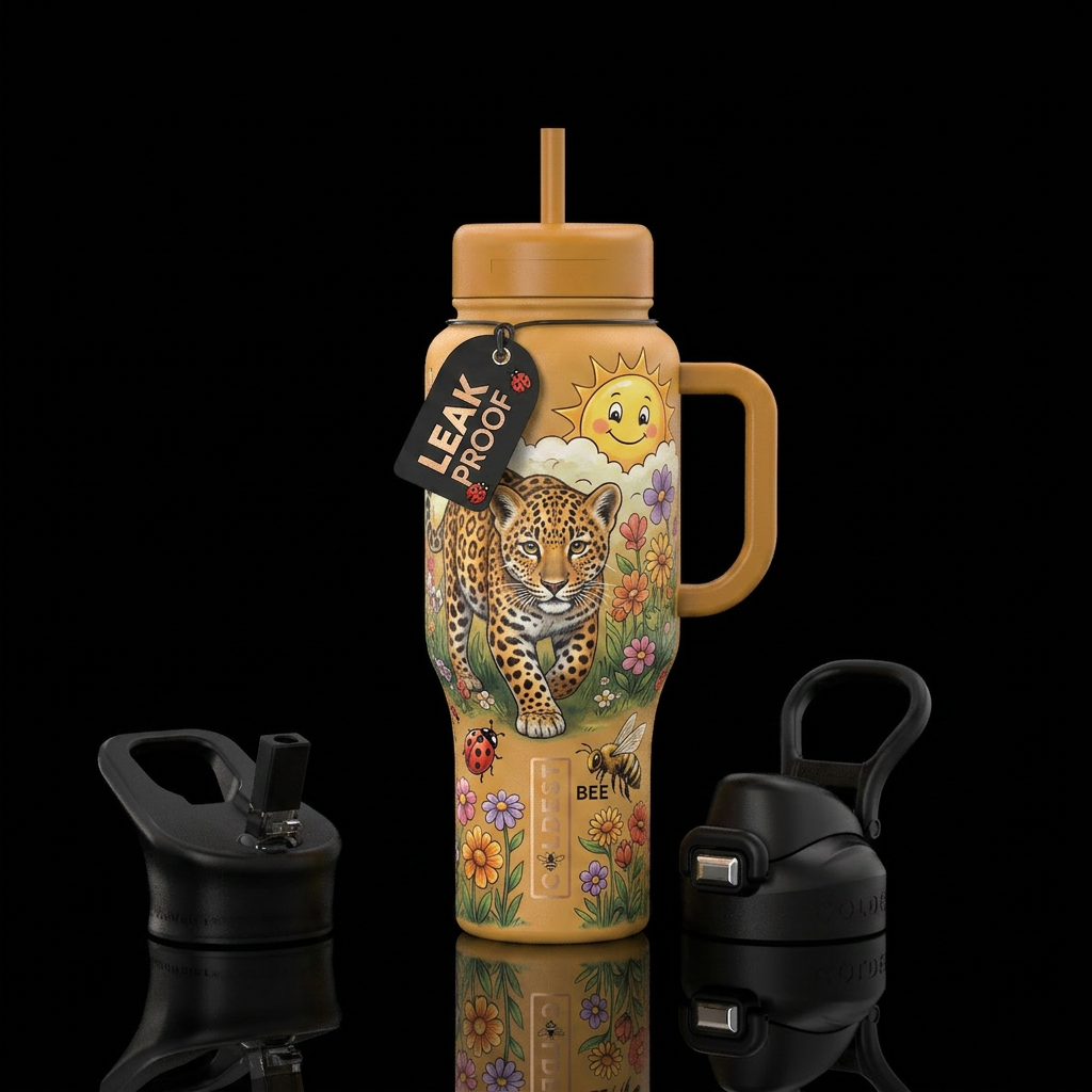 Leopard bottle w/ bee sunshine ladybug & flowers water bottle design