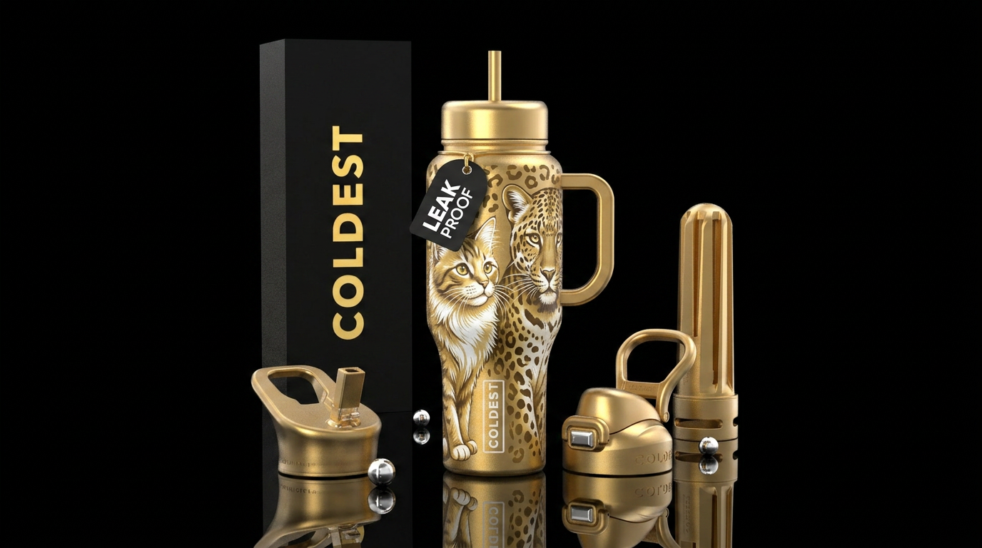 Gold bottle gold and white kitty and a leopard water bottle design