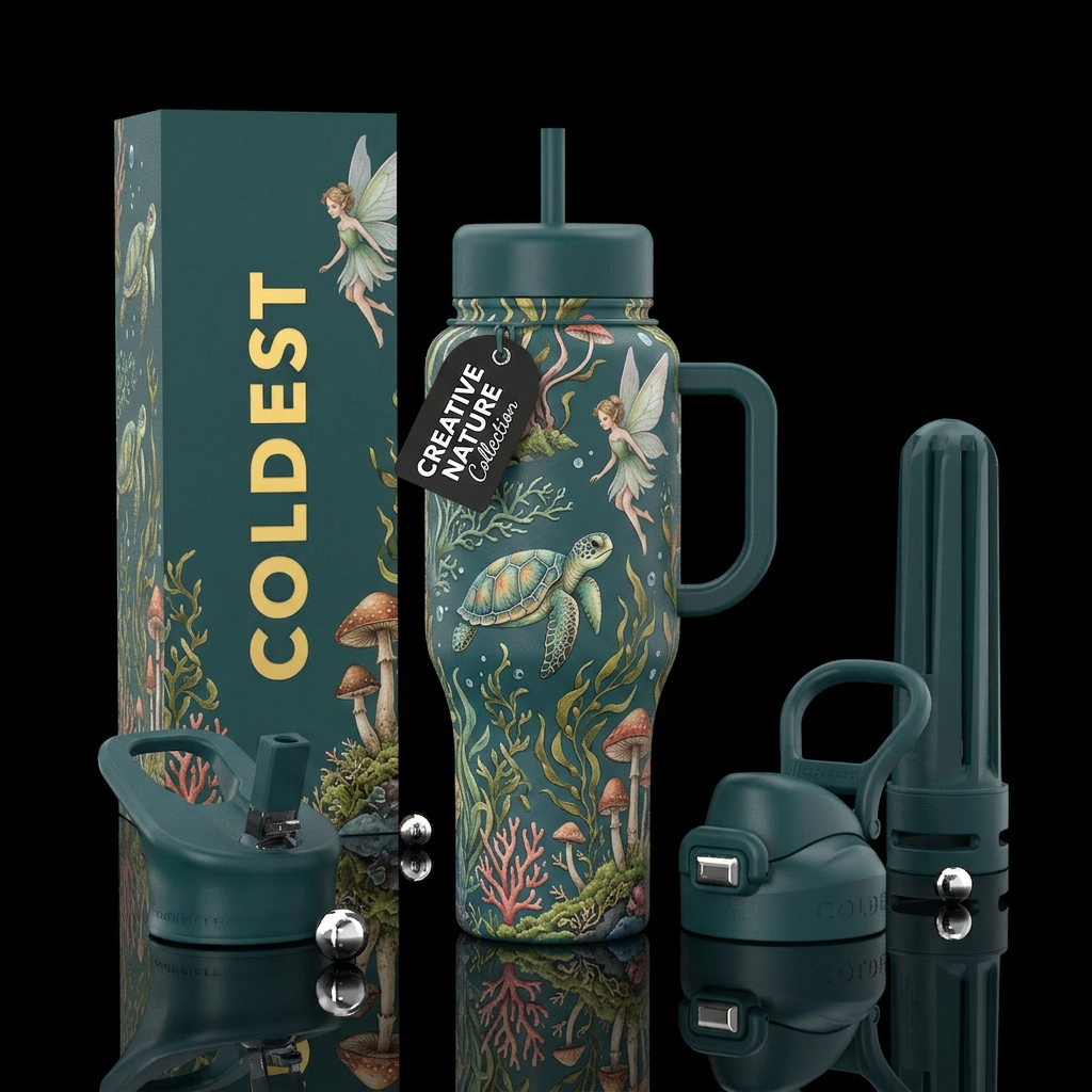 Turtles & Fairies, mushrooms water bottle design