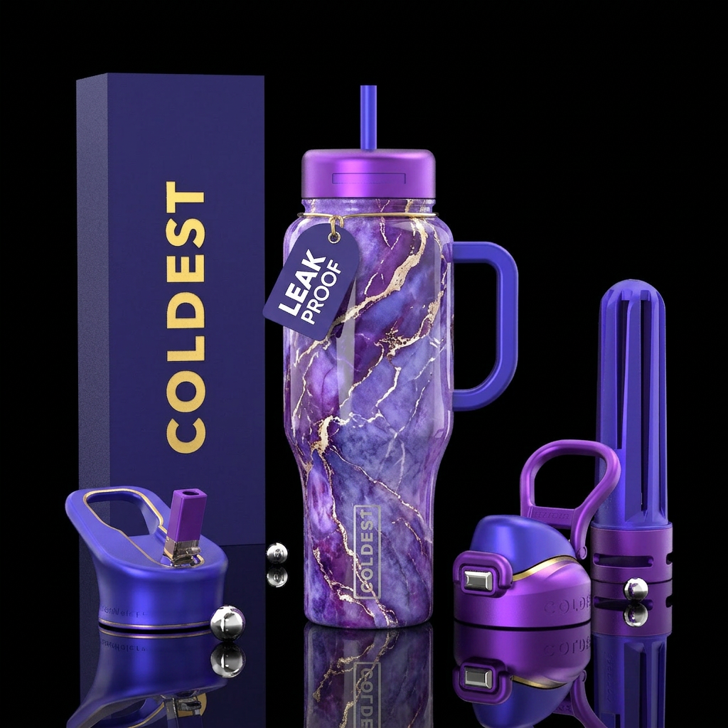 Blurple, violet & white gold lining marble, shiny ... water bottle design