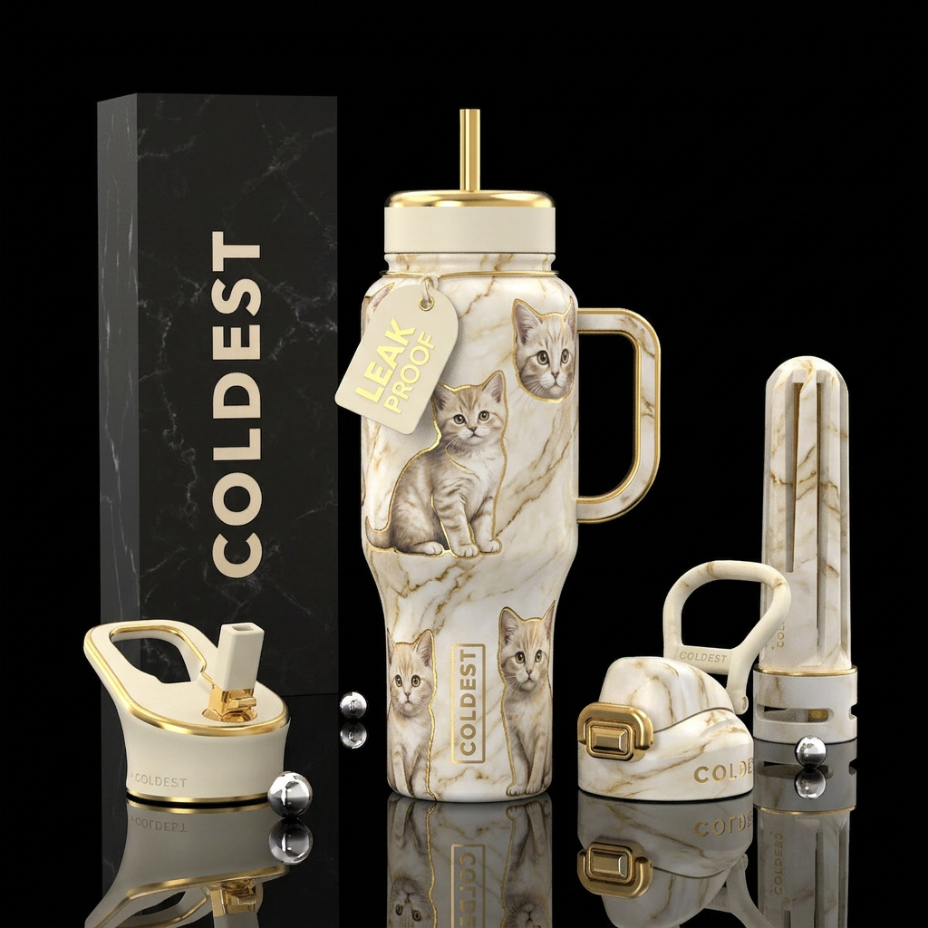 Cream & white w/ gold lining marble with golden ca... water bottle design