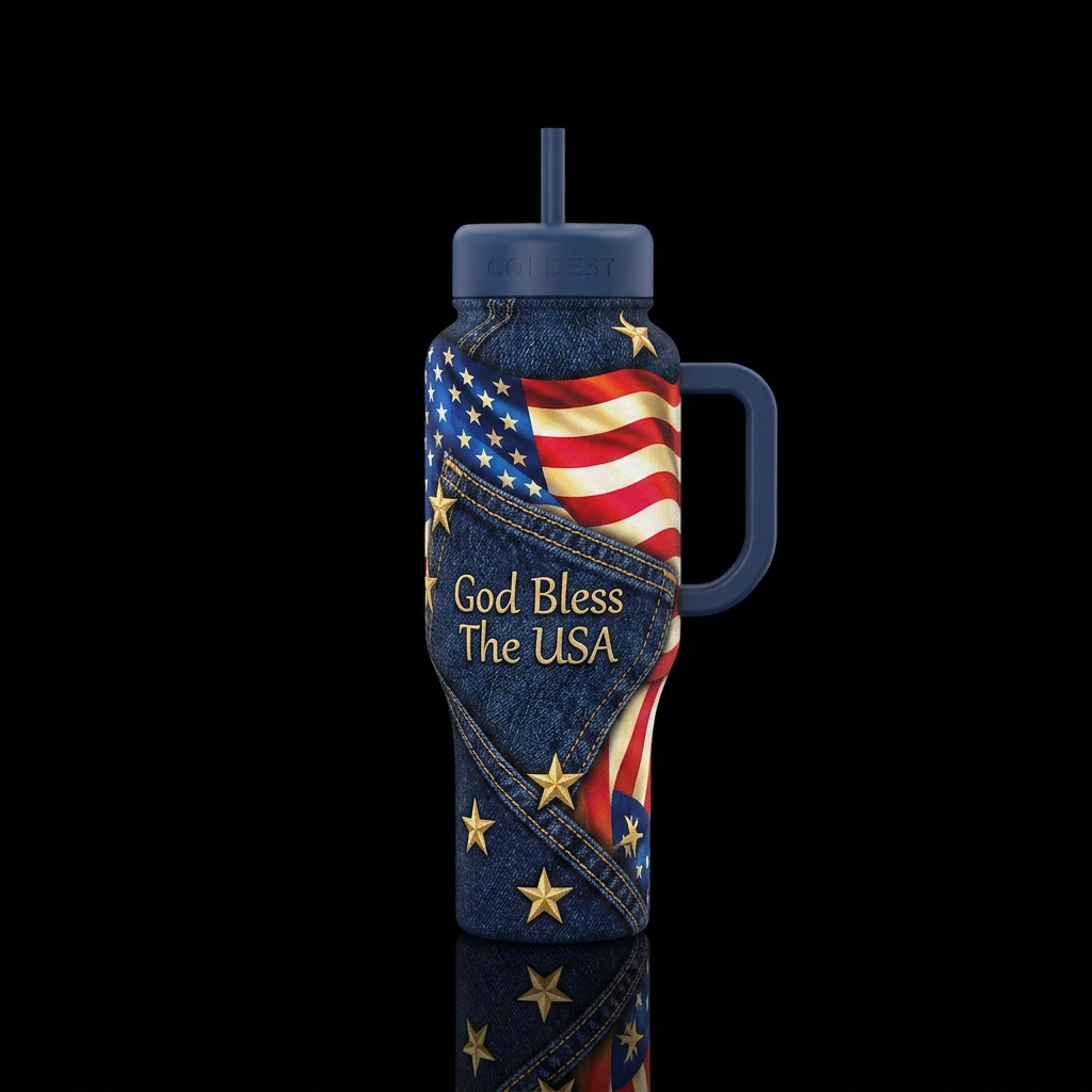 Dark Blue jeans, bright and vibrant American flag,... water bottle design
