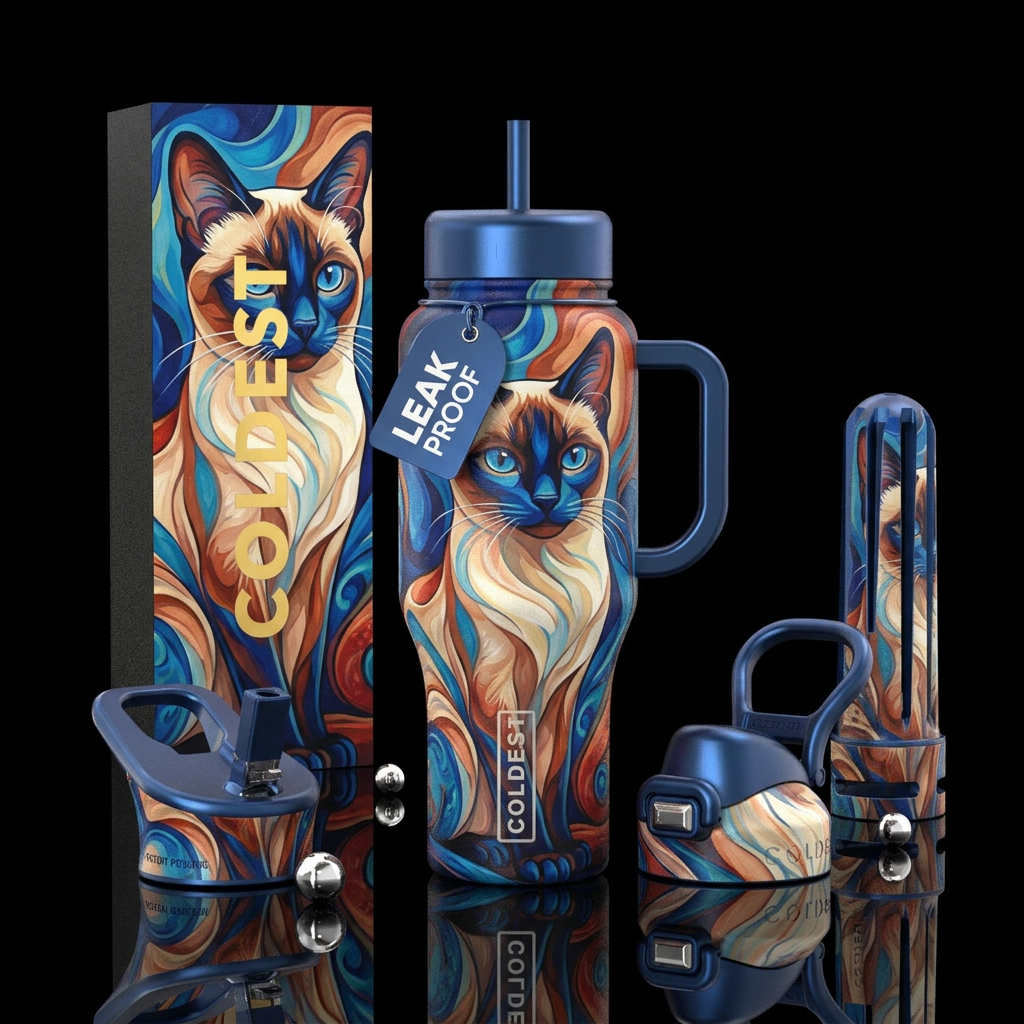 Siamese cat colorful bottle water bottle design