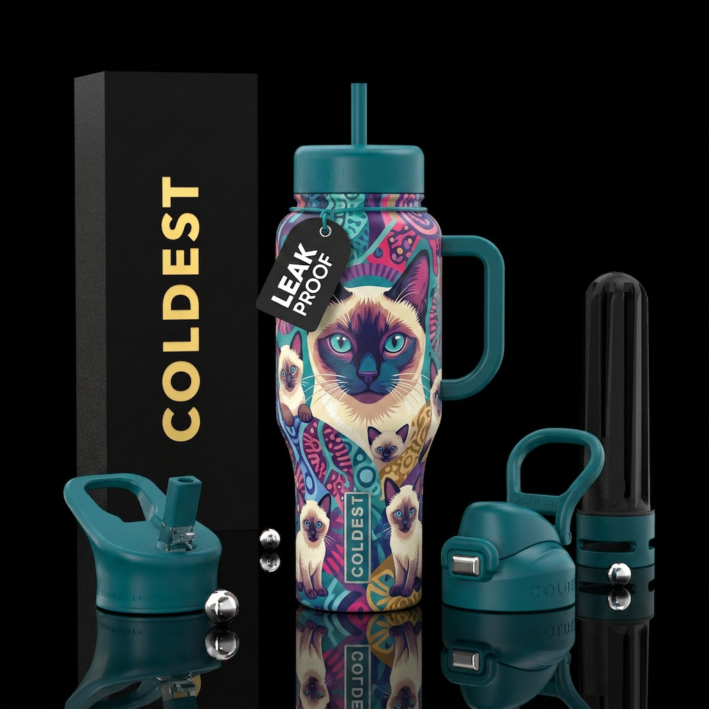 Hey Siamese cat with four kittens water bottle design