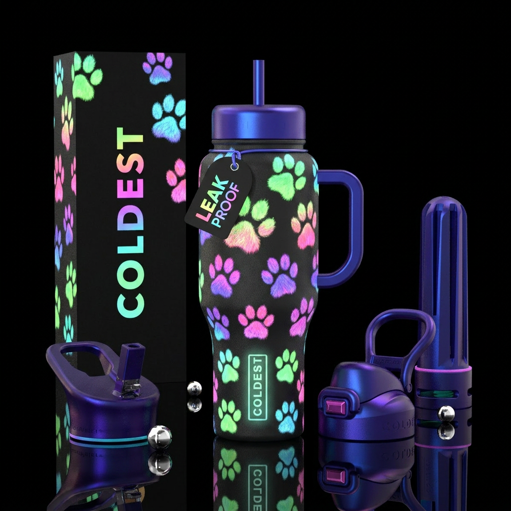 Colorful, Glow in the dark Furry Paws & Coldest lo... water bottle design