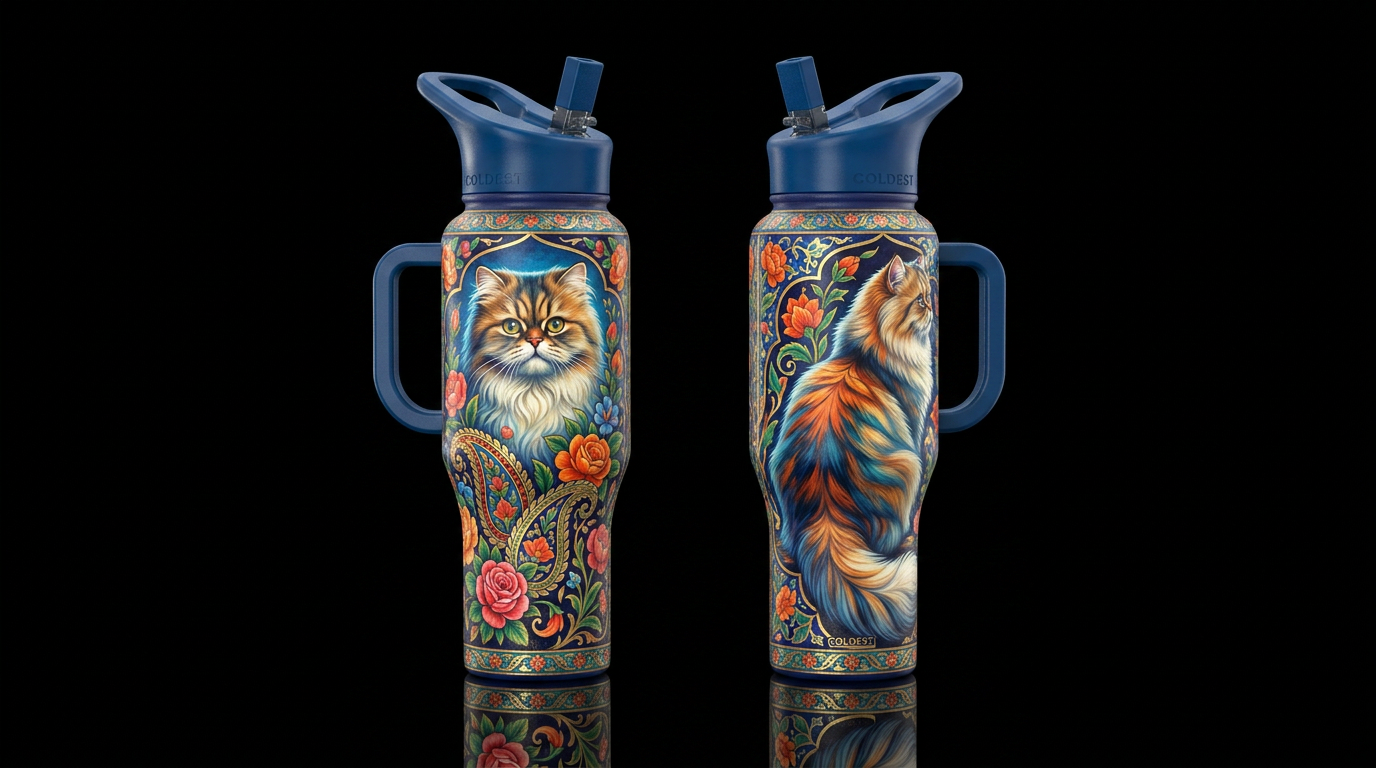 Show front & back please, A beautiful Persian cat water bottle design