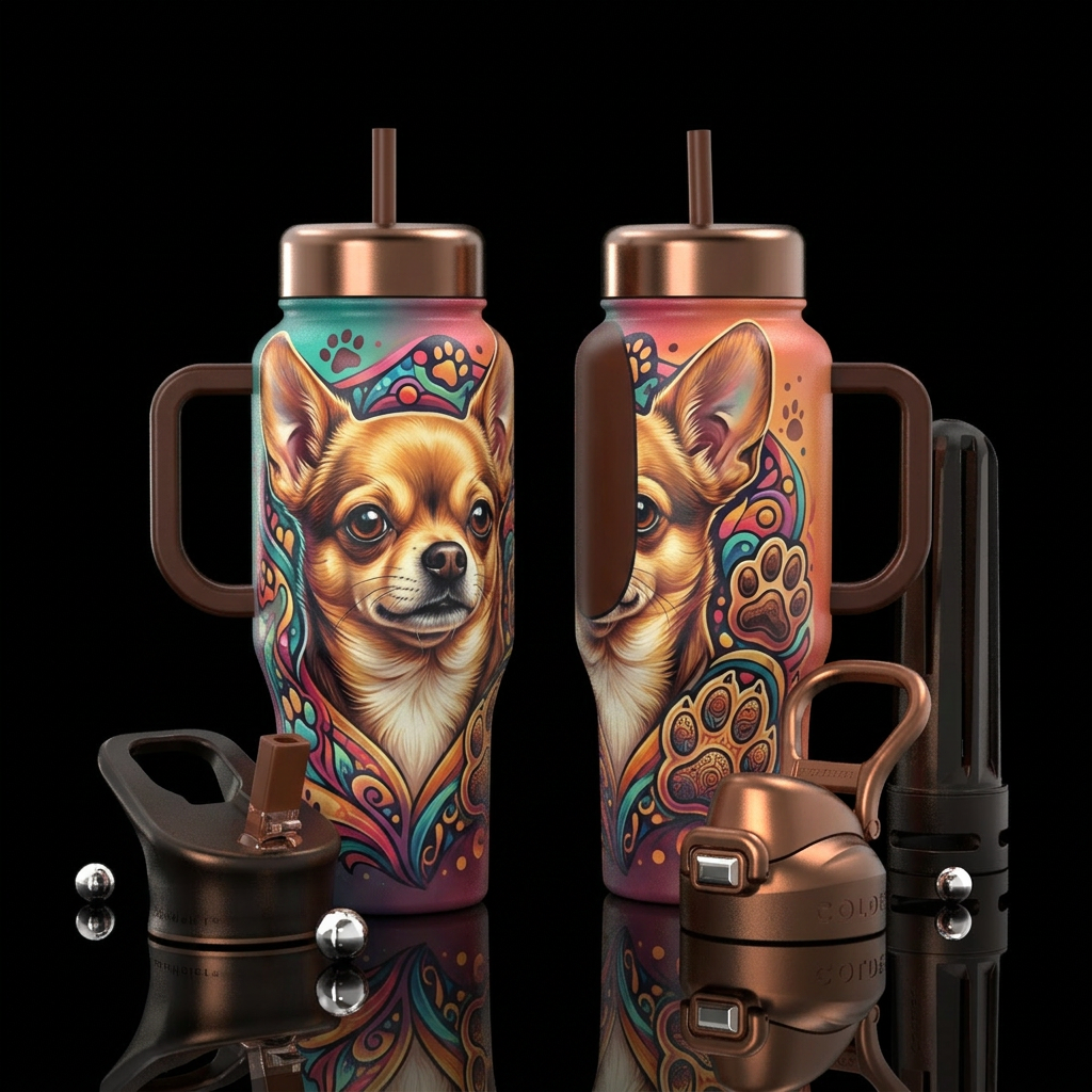 Show front and back please a beautiful Chihuahua water bottle design