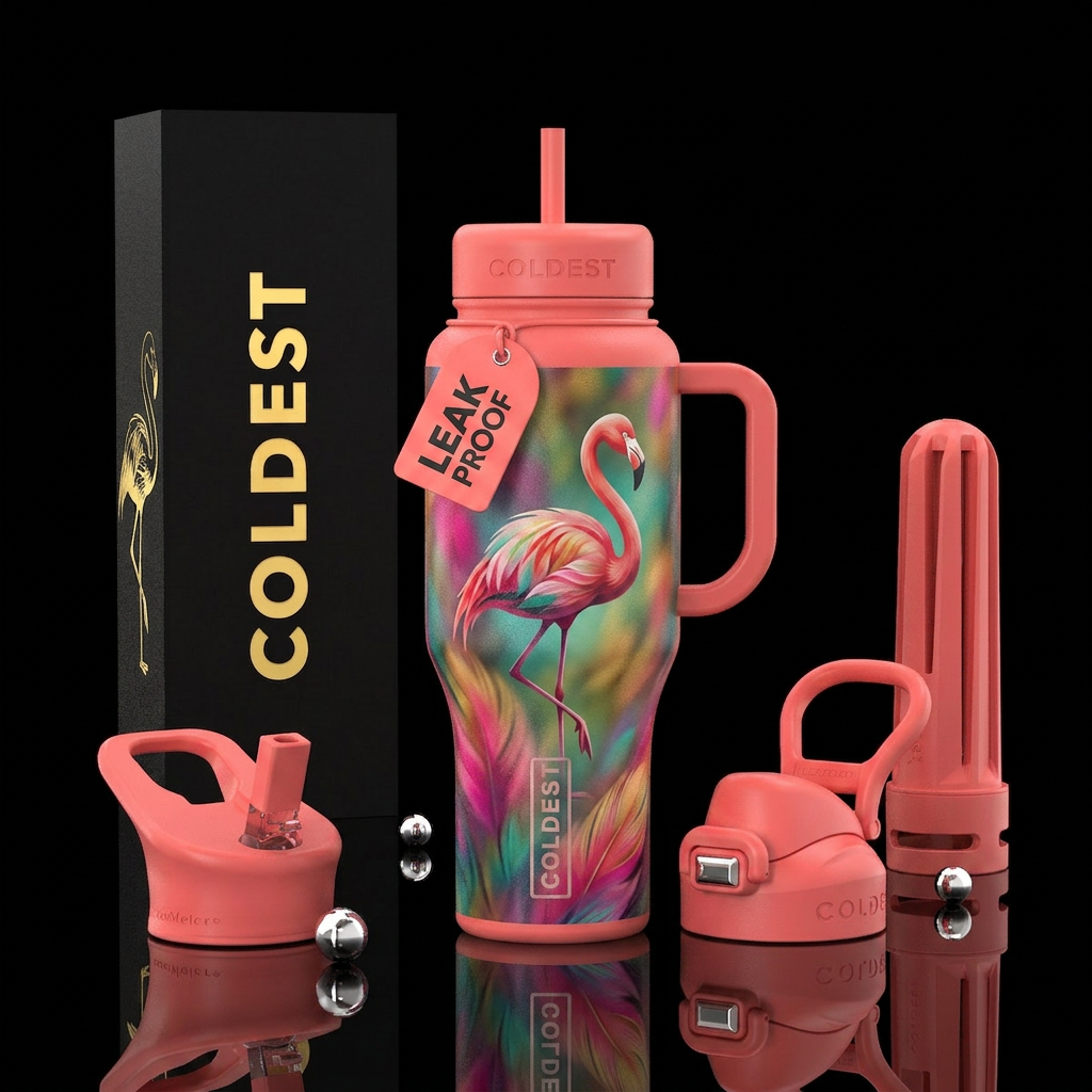 Feathered back ground,  colorful, & A flamingo water bottle design