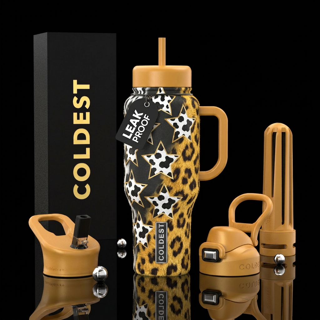 Stars with cow print and a fuzzy leopard print water bottle design