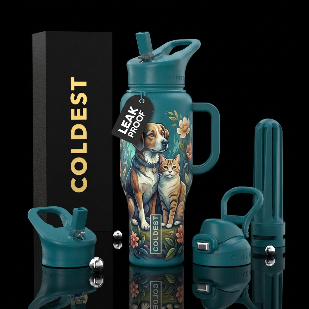 Dog & a cat sitting close water bottle design