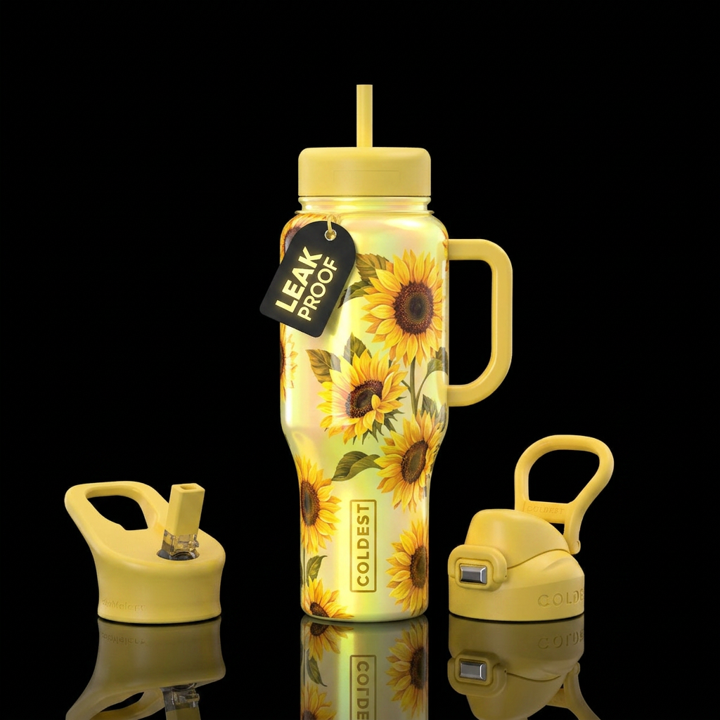 Soft bright glowing yellow, inbued, irridescent ba... water bottle design