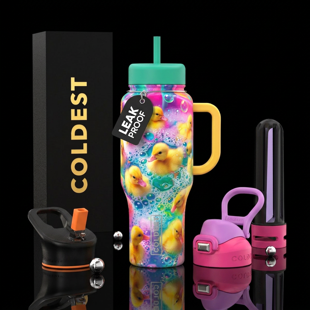 Real little baby ducks in a neon bubble bath water bottle design