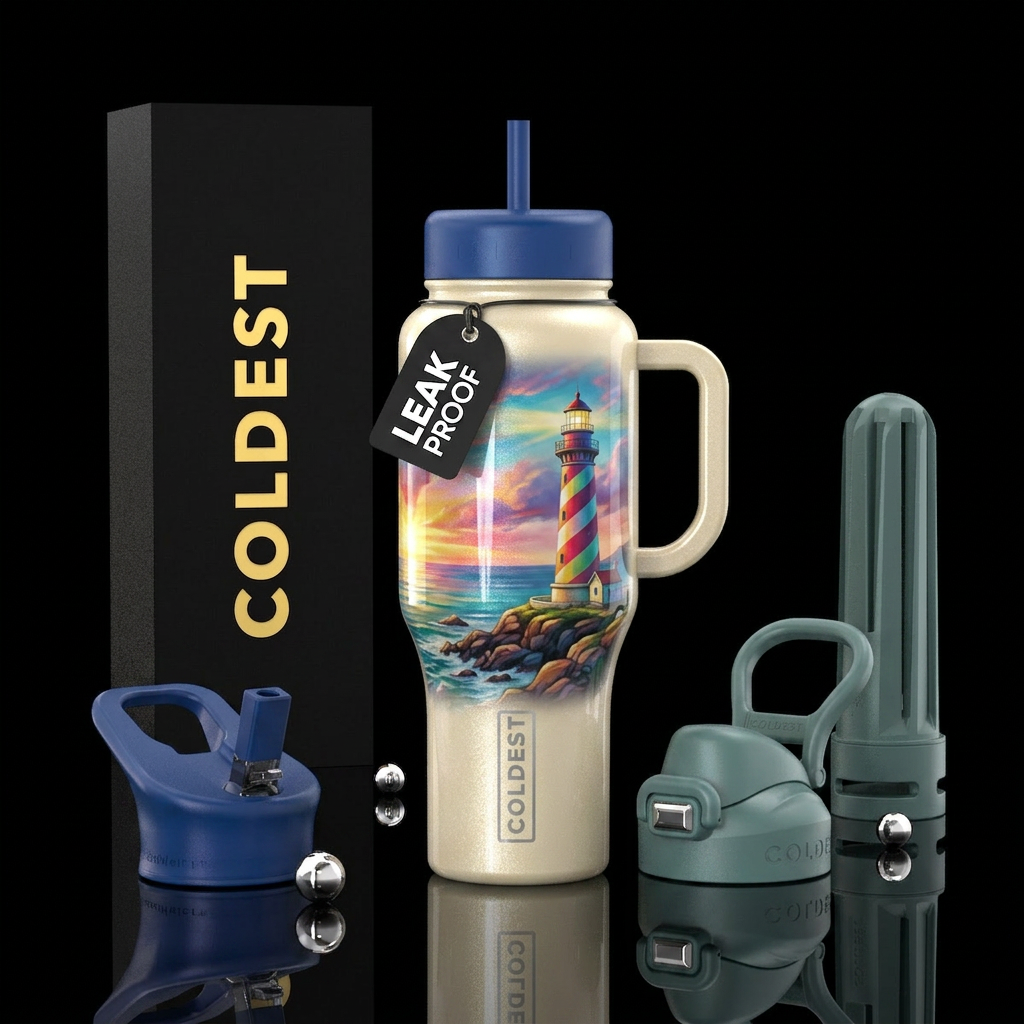 Creamy shimmery bottle with colorful lighthouse water bottle design