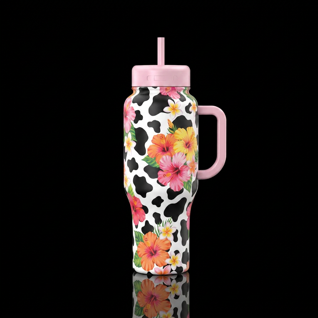 Cow print bottle infused Hawaiian flowers tinted water bottle design