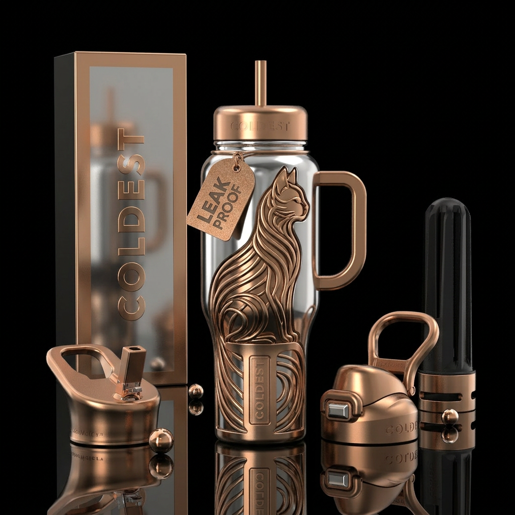 Broze, Cat on polished steel water bottle design