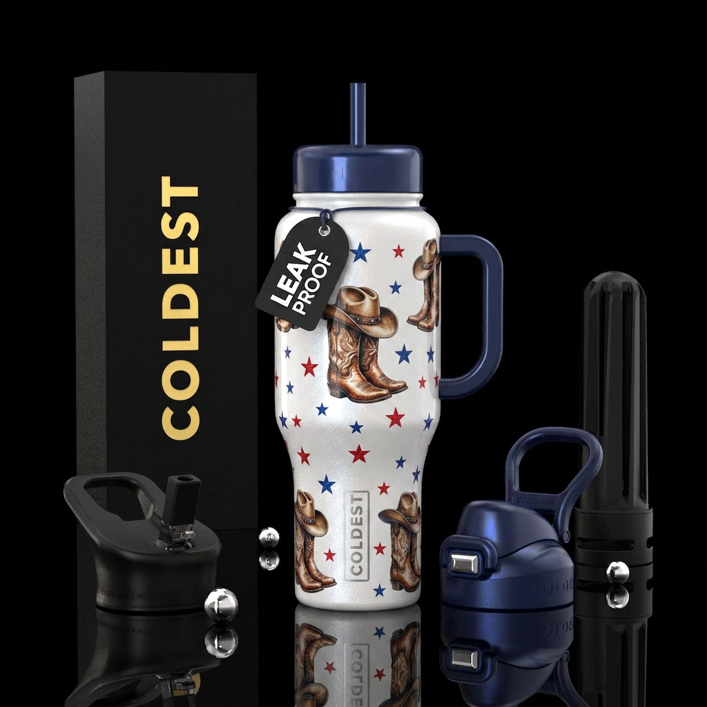 Cowboy boots w/ a cowboy hat on them,  red & blues... water bottle design