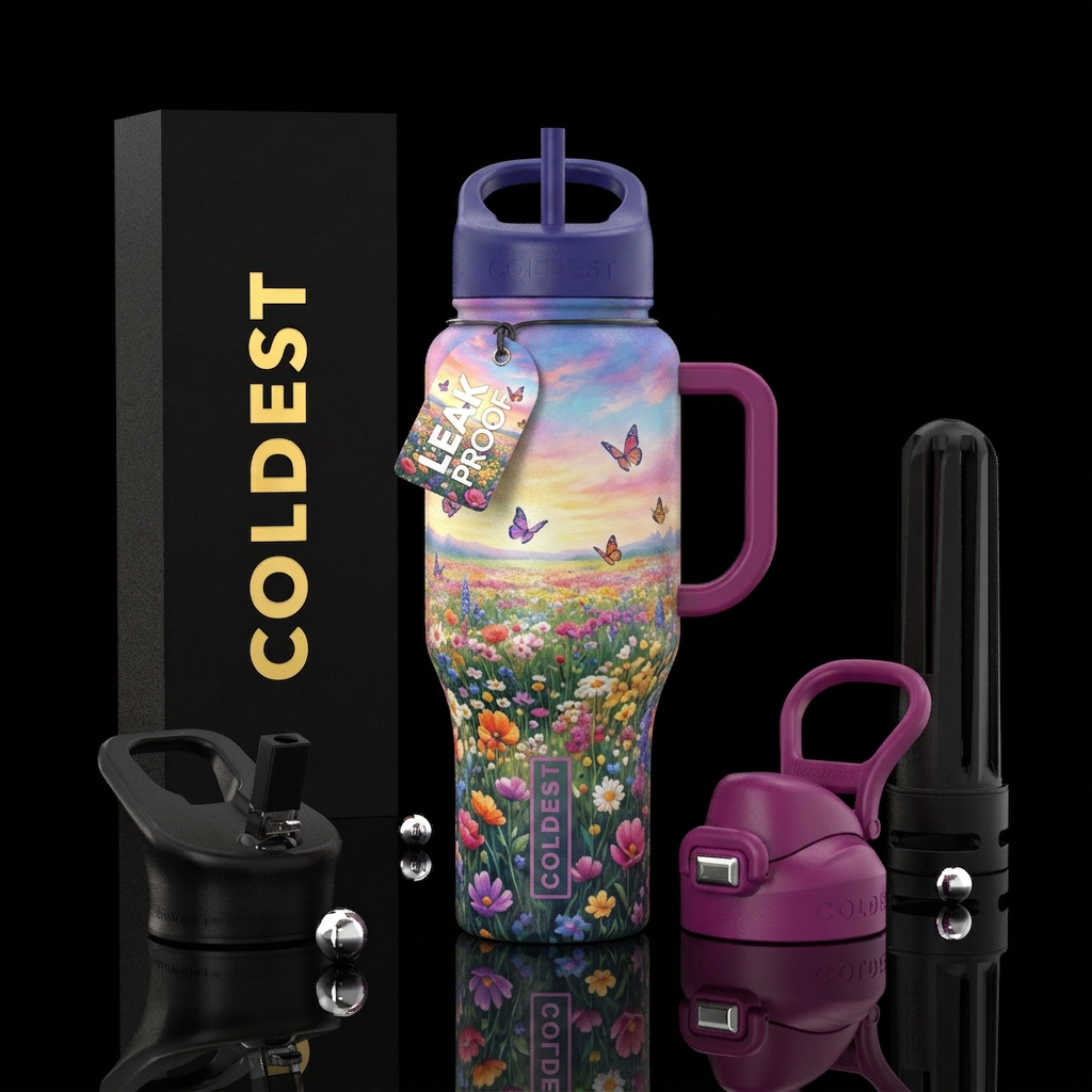 Flower field distance with butterflies water bottle design