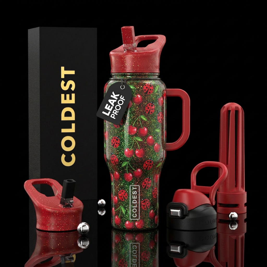 Black & matching lids,  ,Cherries & Ladybugs, Glit... water bottle design