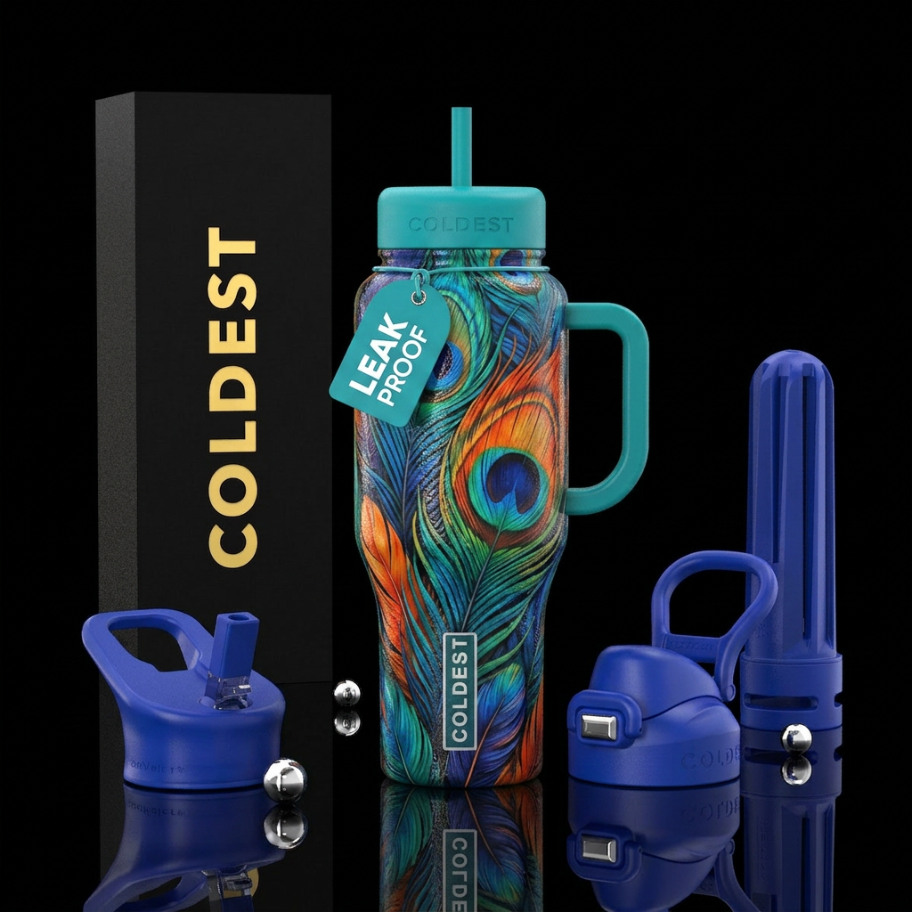 Feathers painted glass water bottle design