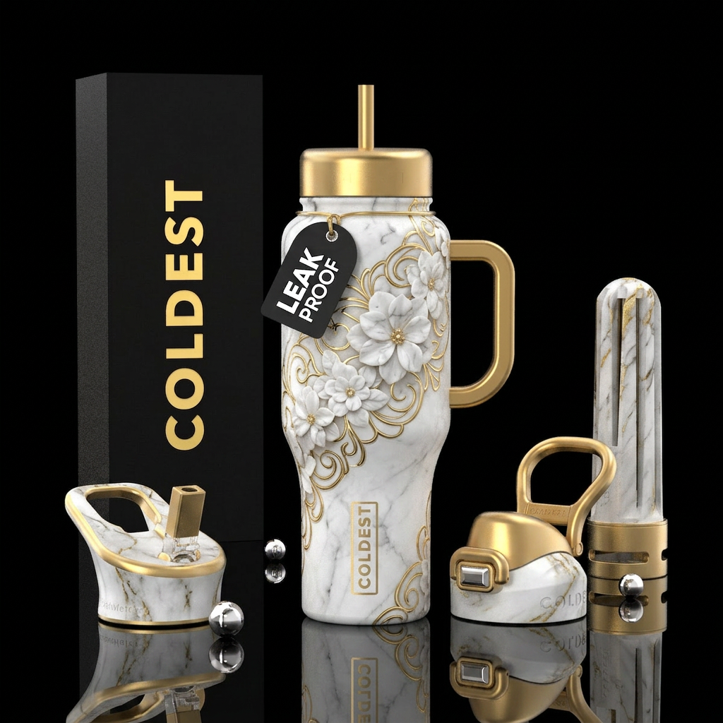 Gold, white marble flowers water bottle design
