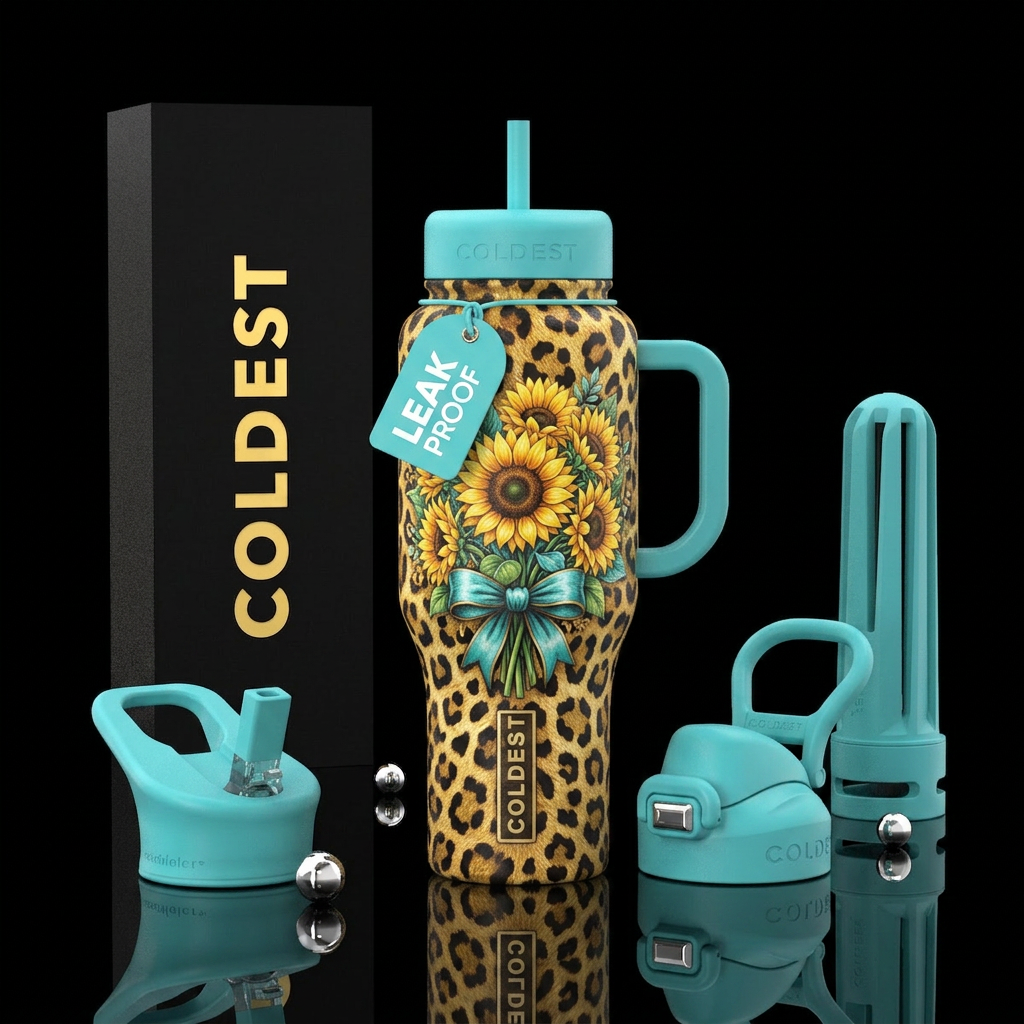 Leopard print,, turquoise, beautiful  sunflower ba... water bottle design