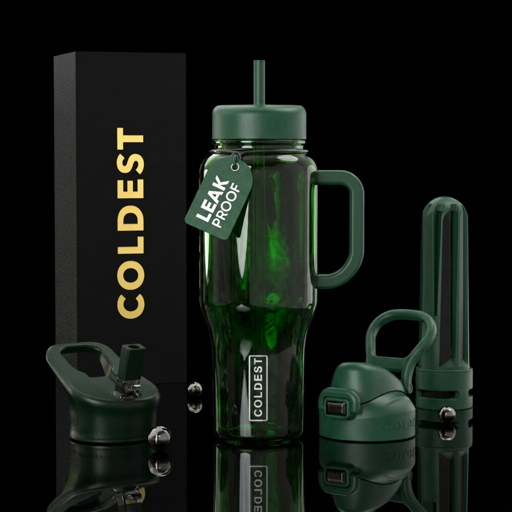 Abstract,  tainted, dark glass, inbued green water bottle design