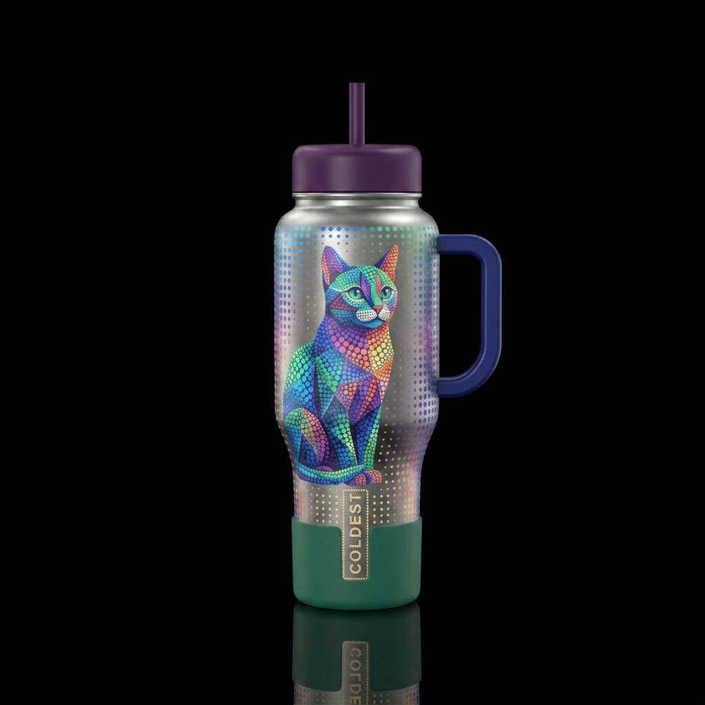 algorithmic, pointillism, cat water bottle design