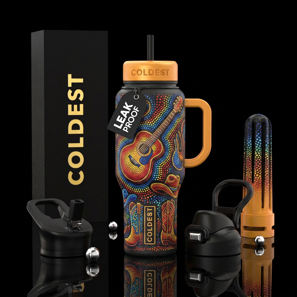 algorithmic, pointillism, guitar,  cowboy hat & bo... water bottle design