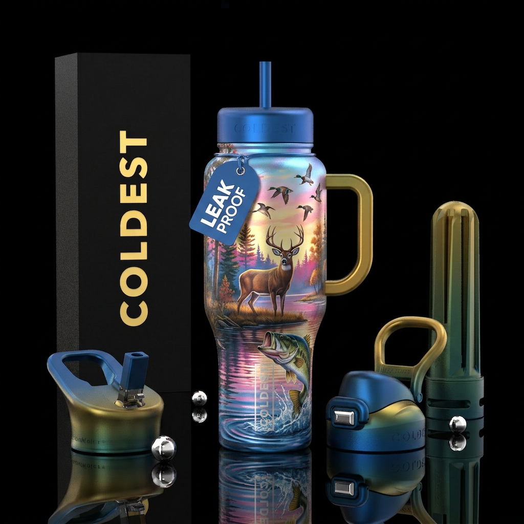 Water, tree, buck, ducks flying, large mouth bass water bottle design