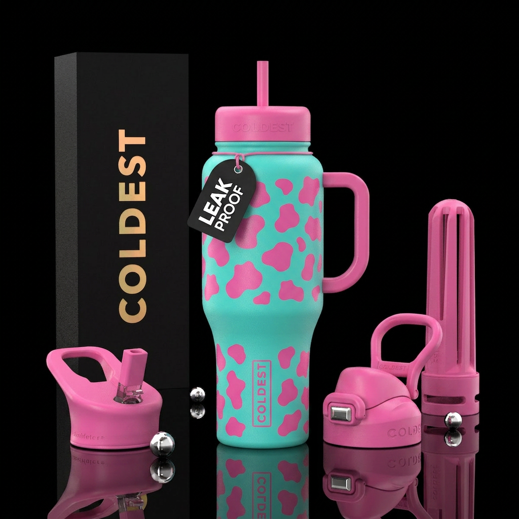 Teal with pink cow prints, pink straw water bottle design