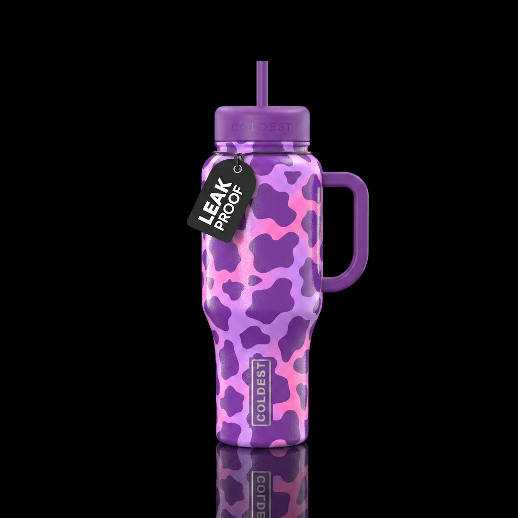 Purple with  Pink cow prints water bottle design
