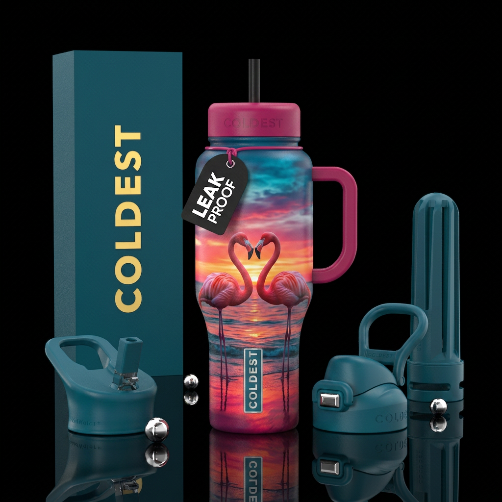 Sunset, Beach, 2 flamingo making a heart water bottle design