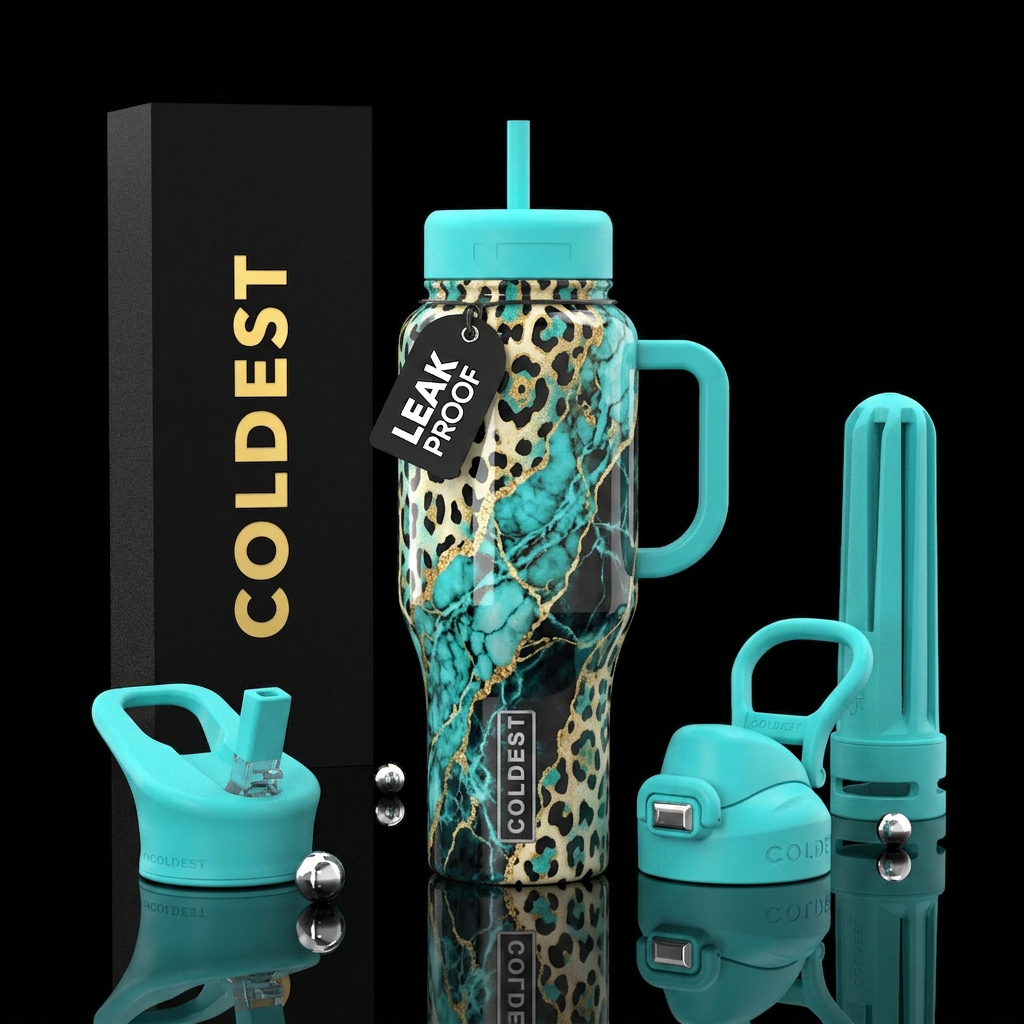 Leopard marble print with turquoise water bottle design
