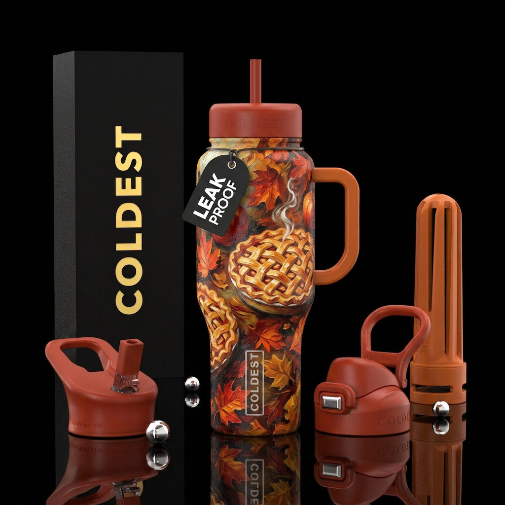 Oil painted,  apple pie, fall leaves water bottle design
