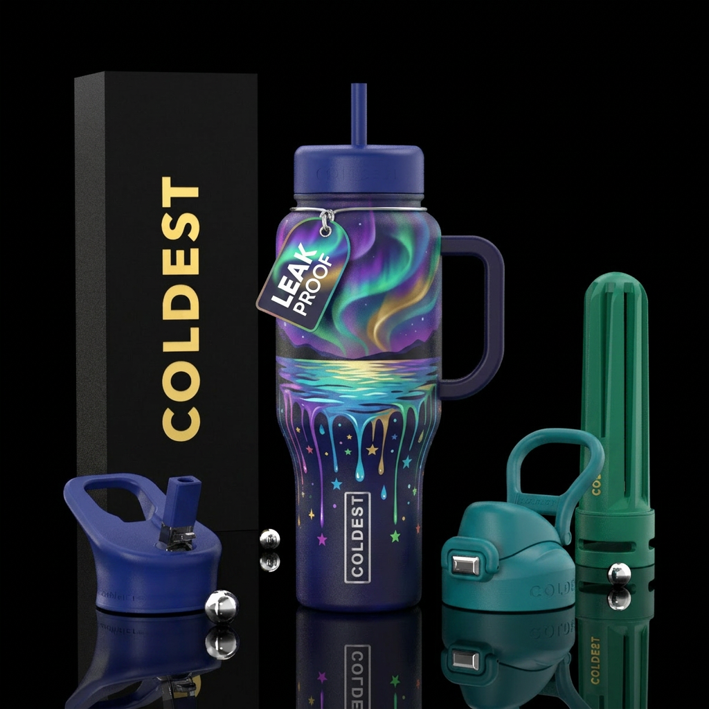 Arora , colorful lake driping stars water bottle design
