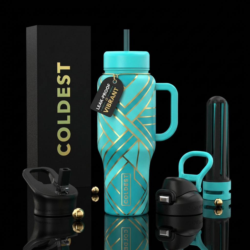 Turquoise and gold lining water bottle design