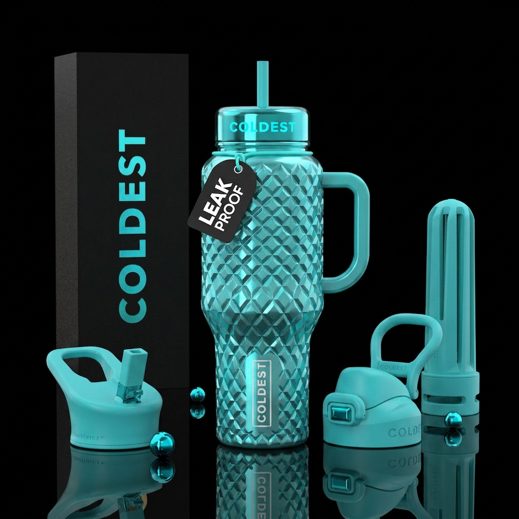 Turquoise bottle with diamond cut edges lining water bottle design
