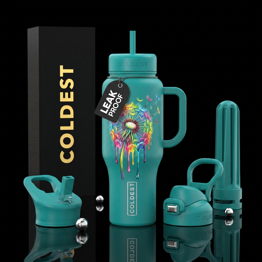 Colorful dripping dandelion water bottle design