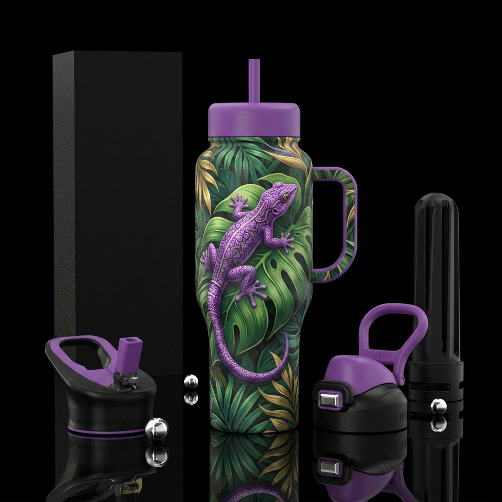 A purple gecko on a leaf water bottle design